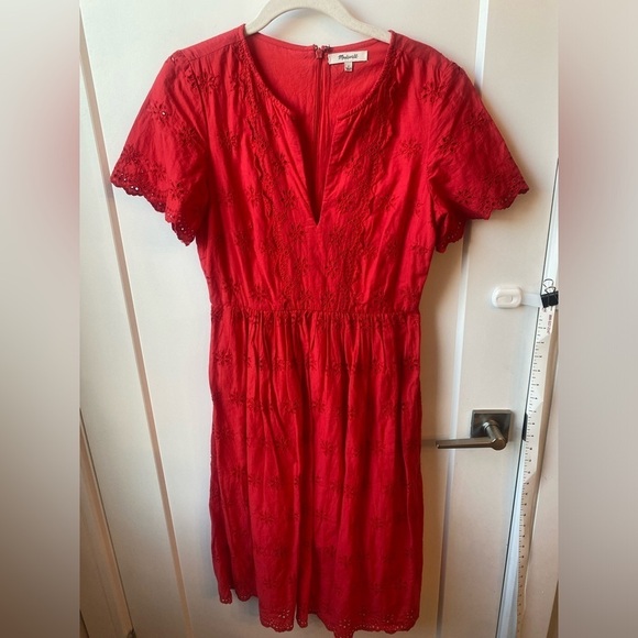 Madewell Red V Neck Eyelet Midi Dress Size 2 Farmhouse Colorful Summer Casual - Picture 1 of 7